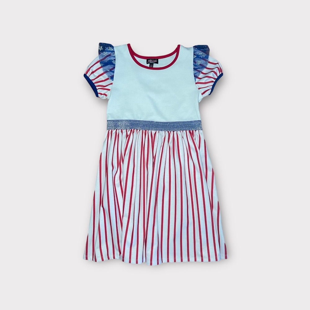 JoJo’s Closet Blue Ruffle Shoulder Baseball Striped Americana Dress